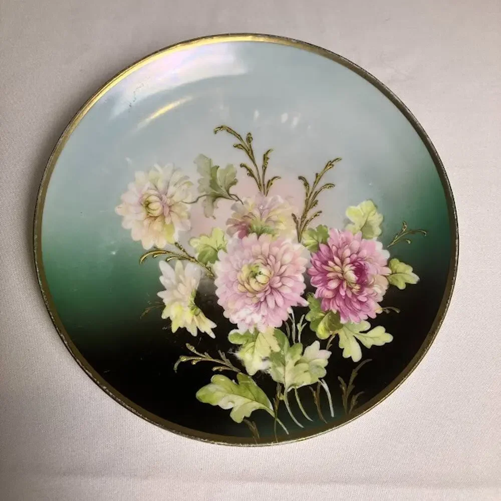 Antique Three Crown China Germany Floral Cabinet Plate Gold Trim Mums 8.5”
